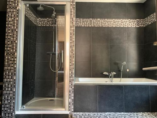 a bathroom with a shower and a sink at Stylish independent Studio S1, City Centre Dordrecht in Dordrecht