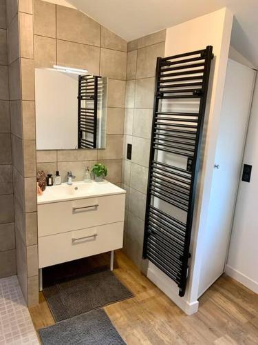 une salle de bain avec un lavabo et un miroir dans l'établissement La Rose Trémière, à Parentis-en-Born