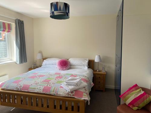 ein Schlafzimmer mit einem Bett mit einer rosa Decke und einem Spiegel in der Unterkunft Wellington view one en suite shower and super king bed in Wellington