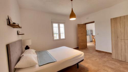 San Martín de MontalbánHostal San Martin de Montalban的一间卧室设有一张床,走廊设有窗户