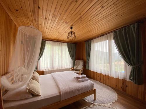 愛迪爾亞伊納斯的住宿－Serinyer Dağ Evi，一间卧室配有一张带天蓬的床