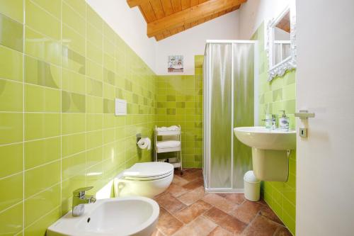 ein grünes Bad mit einem WC und einem Waschbecken in der Unterkunft Casale la Coccinella Gelsomino in Caprino Veronese