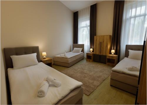 sypialnia z 2 łóżkami i krzesłem oraz 2 oknami w obiekcie Vila Bor apartmani w mieście Bečej