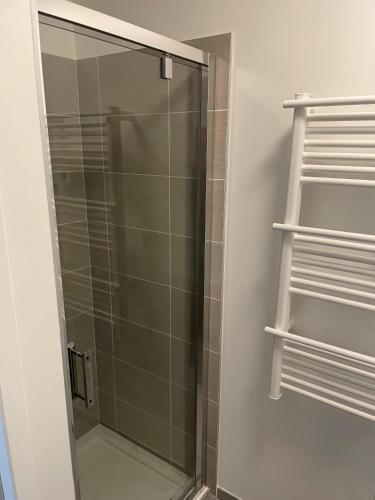 une douche avec une porte vitrée dans une salle de bain dans l'établissement Appartements Marseille Calanques-plages Prado - Stade Vélodrome, à Marseille