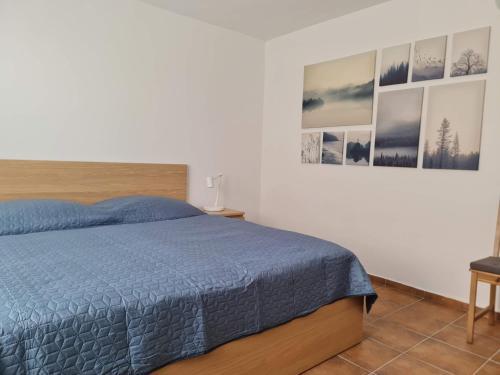a bedroom with a bed and pictures on the wall at Apartmány Modrý deň in Bojnice