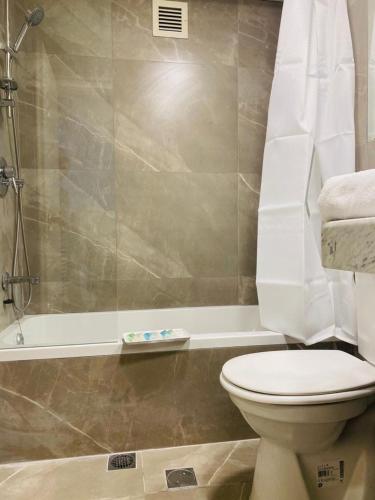 La salle de bains est pourvue de toilettes, d'une douche et d'une baignoire. dans l'établissement Apartment in Lev Jerusalem Hotel, à Jérusalem