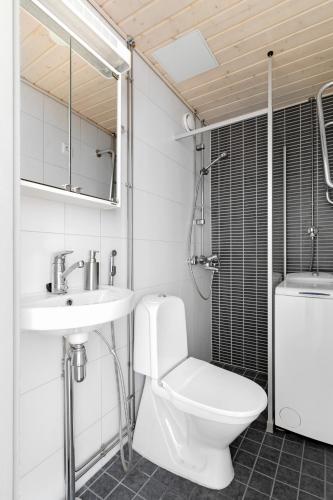 a bathroom with a toilet and a sink and a shower at Just renovated Stylish Nordic Studio by Tram Stop in Helsinki
