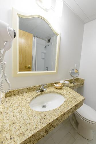 a bathroom with a sink and a toilet and a mirror at Norwalk Inn & Conference Center in Norwalk
