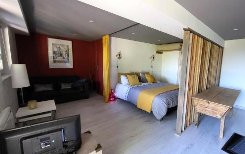 een hotelkamer met een bed en een televisie bij Les hauts de Scy in Scy-Chazelles