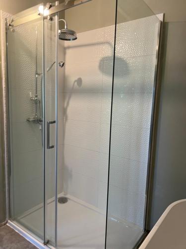 a shower with a glass door in a bathroom at The Old Water Works - Flat 1 in Wadebridge