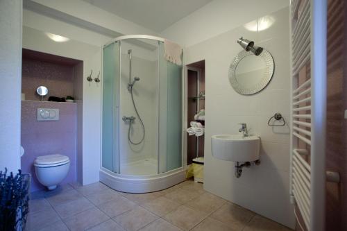 a bathroom with a shower and a toilet and a sink at Bed & Breakfast Vila Baguc in Split