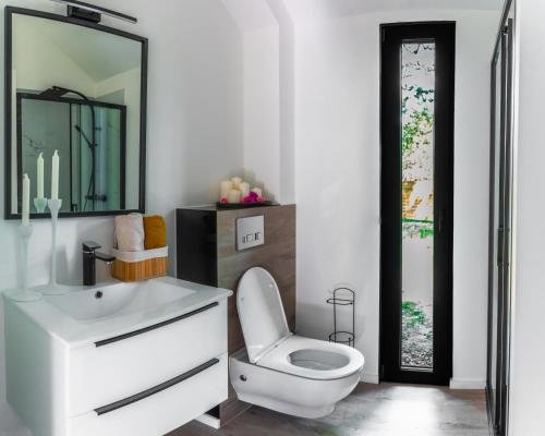 W łazience znajduje się toaleta, umywalka i lustro. w obiekcie Domki Marzeń w Marzyszu , Jacuzzi & Sauna w mieście Marzysz