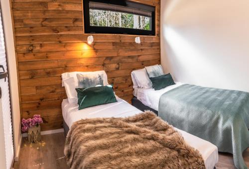 two beds in a room with wooden walls and a window at Domki Marzeń w Marzyszu , Jacuzzi & Sauna in Marzysz