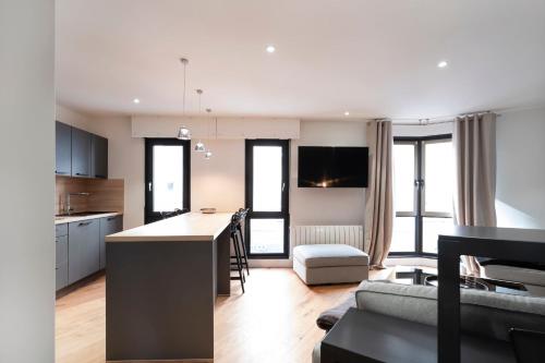 a kitchen and living room with a couch and a table at Coeur de ville in Metz