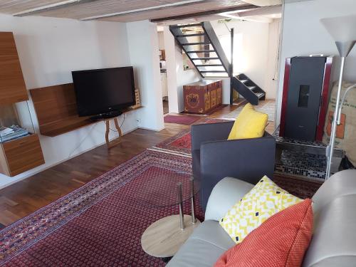 Una sala de estar con un sofá y un televisor. en Bauernhaus Hinterbühle, en Wolfhalden 