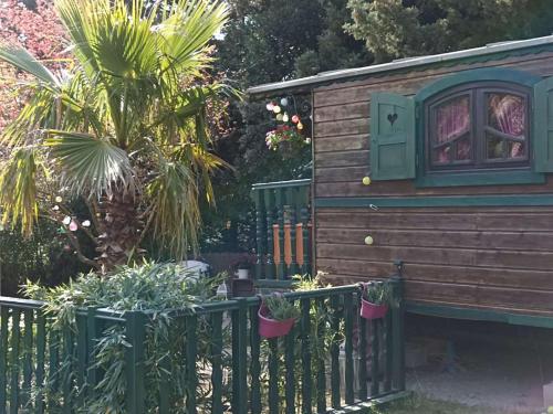 une petite maison avec une clôture et un palmier dans l'établissement Roulotte des Alpilles, à Maussane-les-Alpilles