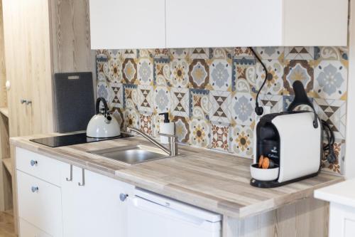 a kitchen counter with a sink and a toaster at APARTEMENTY ''WERANDA'' z ogrodem w centrum in Kudowa-Zdrój