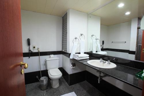 Un baño con lavabo, inodoro y espejo. en Da Vinci Hotel & Conventions by Easy Hotéis, en Manaus