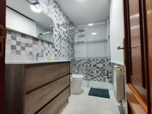 uma casa de banho com um lavatório, um WC e um chuveiro em Noly Apartamento em Monforte de Lemos