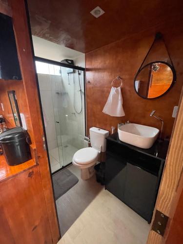 a bathroom with a toilet and a sink and a mirror at Chalé Roma Negra in Morro do Chapéu
