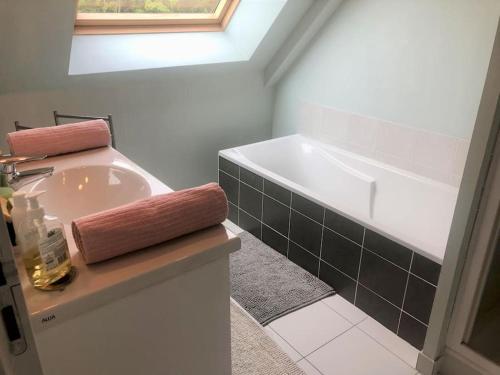 une salle de bain avec un lavabo et une baignoire dans l'établissement La Lagune - entre Bourg et plage, à Saint-Gildas-de-Rhuys