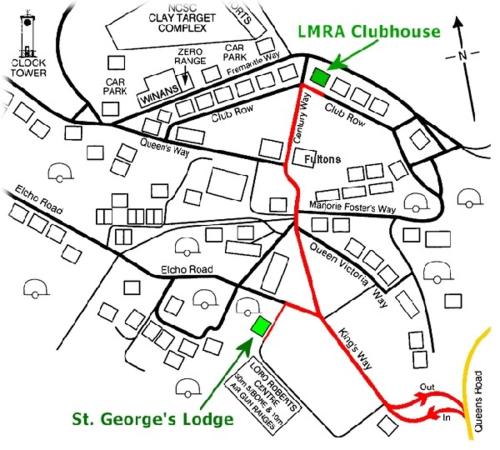 a map of a campus with a red line at St George's Lodge, Bisley in Brookwood