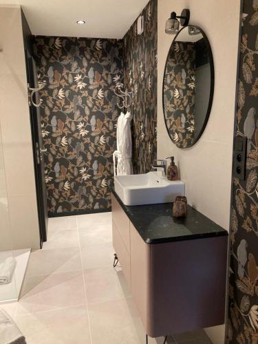uma casa de banho com um lavatório e um espelho em B&B La Bouliniere em Malmedy