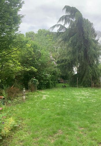 un champ d’herbe avec une montagne en arrière-plan dans l'établissement Dépendance dans le jardin, à Franqueville-Saint-Pierre