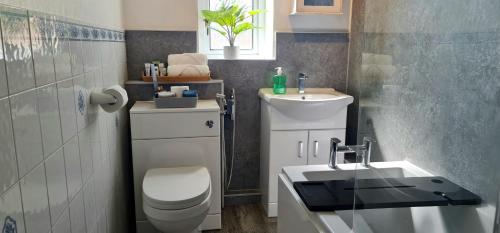 a bathroom with a toilet and a sink at immaculate 3-Bedrooms Dundee Apartment in Dundee