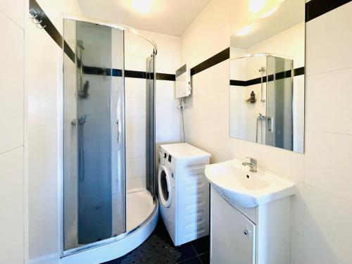 a bathroom with a shower toilet and a sink at Pro-Invest House in Wrocław