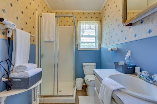 a blue bathroom with a toilet and a sink at Delaware Vacation Rental Walk to Lake Dardanelle! 