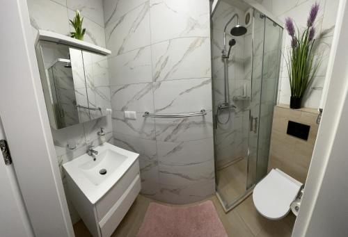 W łazience znajduje się prysznic, umywalka i toaleta. w obiekcie Apartament nad Zalewem w Serocku