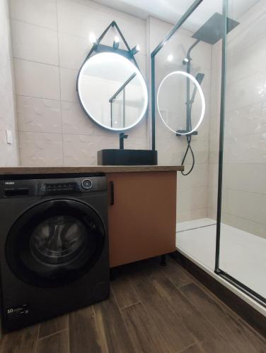 - une buanderie avec un lave-linge et un miroir dans l'établissement L'oasis du château ! 