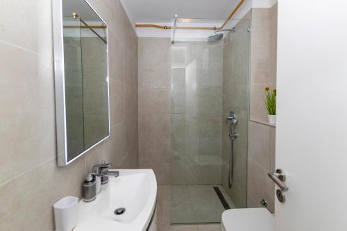a bathroom with a sink and a shower at LuSea Apartment in Zadar