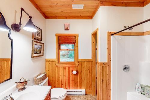y baño con aseo, lavabo y ducha. en Water's Edge Cabin, en Sylva