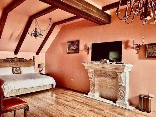 五結鄉的住宿－法國小古堡，一间卧室配有一张床、一个壁炉和一台电视。