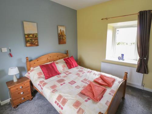 a bedroom with a bed with red pillows and a window at Ballaghboy Cottage in Boyle