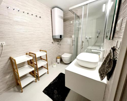 a bathroom with a sink and a toilet and a shower at Little home in Rab