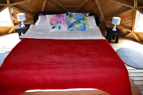 Ce lit se trouve dans un dortoir doté d'une couverture rouge. dans l'établissement Unique Glamping / Domo Betsaida, à Guatapé