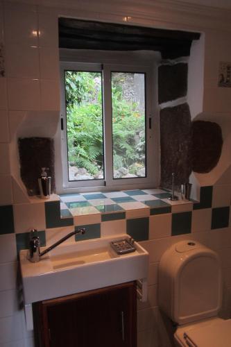 a bathroom with a sink and a window and a toilet at Palheiro da Assomada in Faja Grande