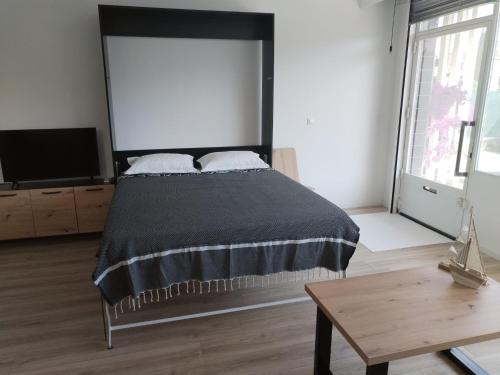 a bedroom with a bed and a flat screen tv at Grand studio spacieux et climatisé in Saint-Raphaël