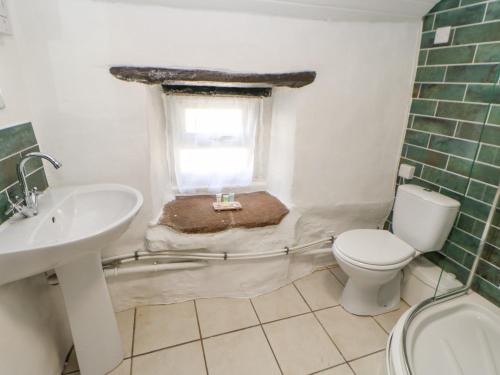 a bathroom with a toilet and a sink and a window at Rock Cottage in Penrith