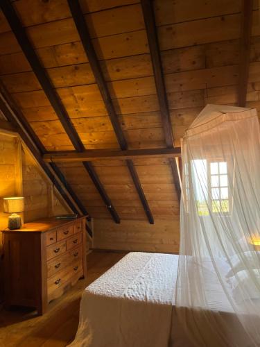 una camera mansardata con letto e finestra di Habitation La Reine du Camp Chambres d'Hôtes a Saint-Claude
