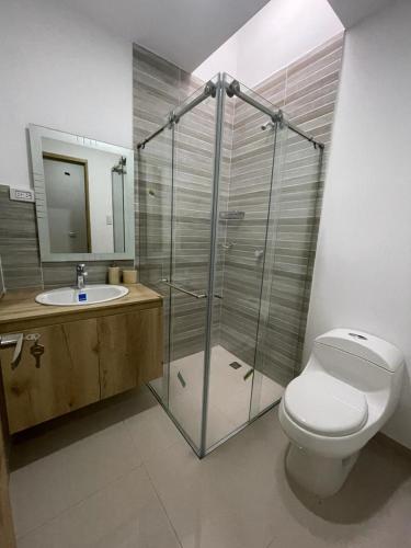 W łazience znajduje się prysznic, toaleta i umywalka. w obiekcie HABITACION DE LUJO CON BAÑO PRiVADO w mieście Valledupar