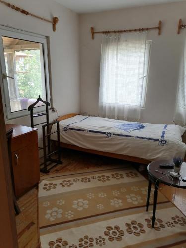 1 dormitorio con cama, ventana y alfombra en Pasa doga villa en Kumluca