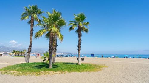 twee palmbomen op een zandstrand bij de oceaan bij Hostal Mediterraneo in Torre del Mar