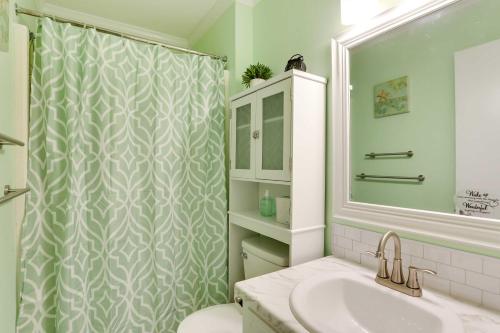 y baño con cortina de ducha y lavamanos. en Vibrant North Charleston Duplex Near Airport!, en Charleston