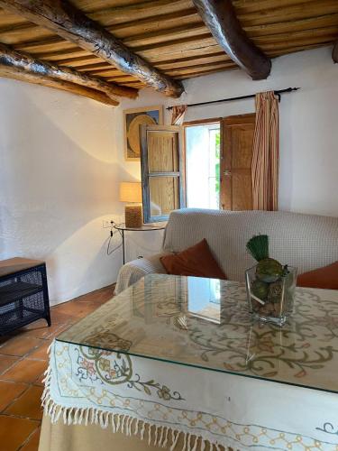 - un salon avec un canapé et une table en verre dans l'établissement MONTEPERDIDO, à Linares de la Sierra