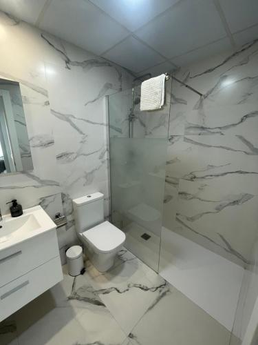 a bathroom with a toilet and a glass shower at Apart 3 EN PRIMERA LÍNEA DE PLAYA CON TERRAZA Y VISTAS AL MAR in Almería