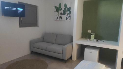 a living room with a chair and a television at Masseria Celentano Relais & Agriturismo in San Severo